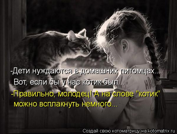 -Дети нуждаются в домашних питомцах... Вот, если бы у нас котик был... -Правильно, молодец! А на слов... Котоматрица: -Дети нуждаются в домашних питомцах... Вот, если бы у нас котик был... -Правильно, молодец! А на слове "котик" можно всплакнуть немного...