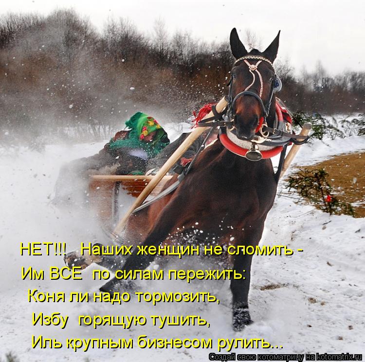 Им ВСЕ по силам пережить: НЕТ!!! Наших женщин не сломить - Иль крупным бизнесом рулить... Коня ли... Котоматрица: Им ВСЕ по силам пережить: НЕТ!!! Наших женщин не сломить - Иль крупным бизнесом рулить... Коня ли надо тормозить, Избу горящую тушить,