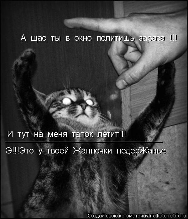 И тут на меня тапок летит!!! А щас ты в окно политишь зараза !!! Э!!!Это у твоей Жанно... Котоматрица: И тут на меня тапок летит!!! А щас ты в окно политишь зараза !!! Э!!!Это у твоей Жанночки недерЖанье _________________________________