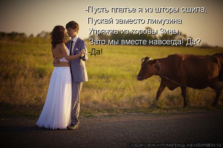 Пускай заместо лимузина -Пусть платье я из шторы сшила, Зато мы вместе навсегда! Да? -Да! Упряжка из ... Котоматрица: Пускай заместо лимузина -Пусть платье я из шторы сшила, Зато мы вместе навсегда! Да? -Да! Упряжка из коровы Зины,