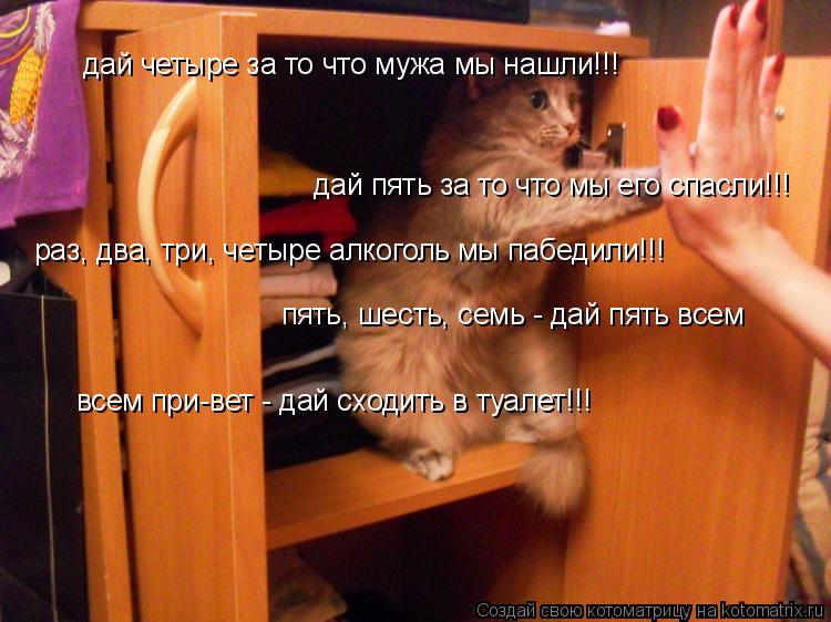 дай четыре за то что мужа мы нашли!!! дай пять за то что мы его спасли!!! раз, два, три, четыре алког... Котоматрица: дай четыре за то что мужа мы нашли!!! дай пять за то что мы его спасли!!! раз, два, три, четыре алкоголь мы пабедили!!! пять, шесть, семь - дай пять