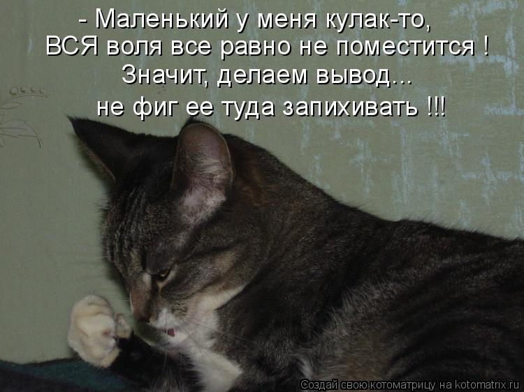 - Маленький у меня кулак-то, ВСЯ воля все равно не поместится ! Значит, делаем вывод... не фиг ее туд... Котоматрица: - Маленький у меня кулак-то, ВСЯ воля все равно не поместится ! Значит, делаем вывод... не фиг ее туда запихивать !!!