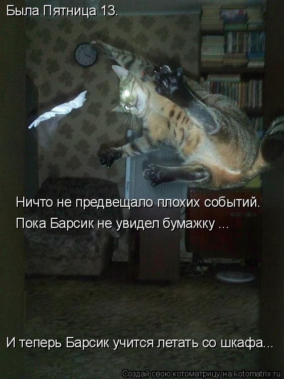 Была Пятница 13. Ничто не предвещало плохих событий… Пока Барсик не увидел бумажку ... И теперь Бар... Котоматрица: Была Пятница 13. Ничто не предвещало плохих событий… Пока Барсик не увидел бумажку ... И теперь Барсик учится летать со шкафа...