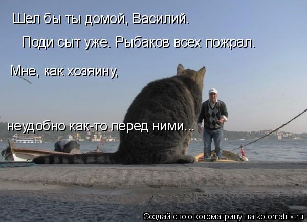Котоматрица: Шел бы ты домой, Василий.  Поди сыт уже. Рыбаков всех пожрал. Мне, как хозяину, неудобно как-то перед ними...