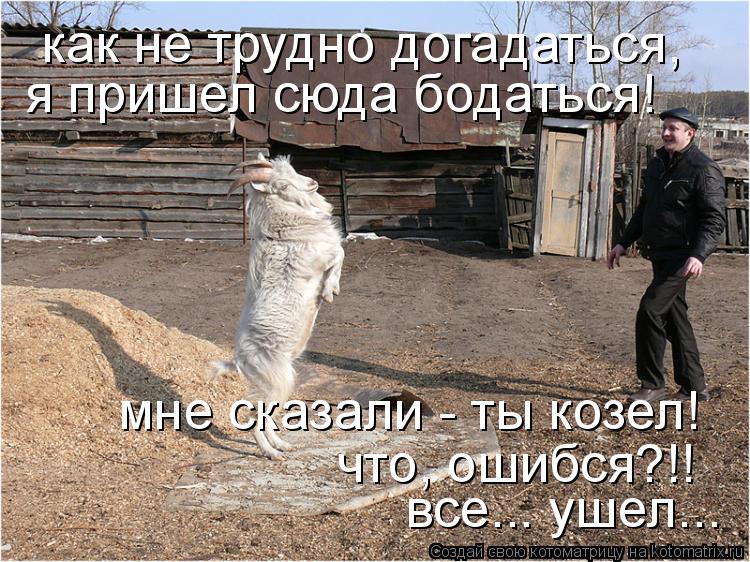 как не трудно догадаться, я пришел сюда бодаться! мне сказали - ты козел! что, ошибся?!! все... ушел... Котоматрица: как не трудно догадаться, я пришел сюда бодаться! мне сказали - ты козел! что, ошибся?!! все... ушел...