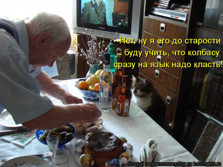 -Нет, ну я его до старости буду учить, что колбасу сразу на язык надо класть!... Котоматрица: -Нет, ну я его до старости буду учить, что колбасу сразу на язык надо класть!