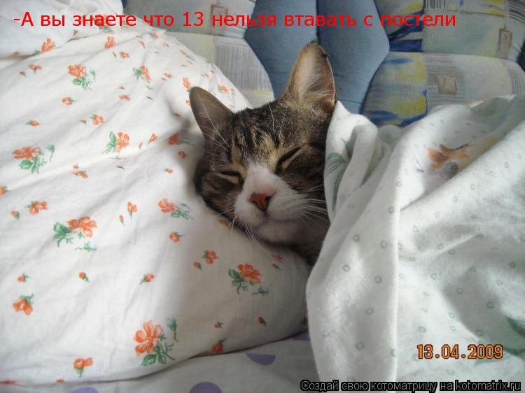 -А вы знаете что 13 нельзя втавать с постели... Котоматрица: -А вы знаете что 13 нельзя втавать с постели
