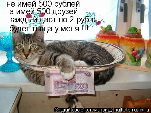 не имей 500 рублей а имей 500 друзей каждый даст по 2 рубля будет тыща у меня !!!!... Котоматрица: не имей 500 рублей а имей 500 друзей каждый даст по 2 рубля будет тыща у меня !!!!