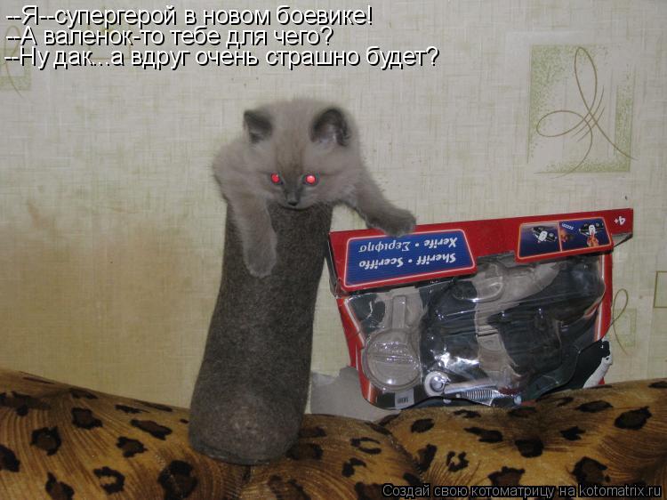 --Я--супергерой в новом боевике! --А валенок-то тебе для чего? --Ну дак...а вдруг очень страшно будет... Котоматрица: --Я--супергерой в новом боевике! --А валенок-то тебе для чего? --Ну дак...а вдруг очень страшно будет?