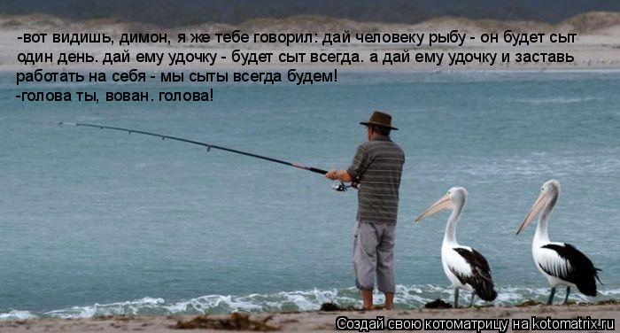 -вот видишь, димон, я же тебе говорил: дай человеку рыбу - он будет сыт один день. дай ему удочку - б... Котоматрица: -вот видишь, димон, я же тебе говорил: дай человеку рыбу - он будет сыт один день. дай ему удочку - будет сыт всегда. а дай ему удочку и заставь р