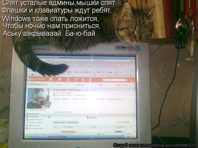 Спят усталые админы,мышки спят Флешки и клавиатуры ждут ребят… Windows тоже спать ложится, Чтобы ночь... Котоматрица: Спят усталые админы,мышки спят Флешки и клавиатуры ждут ребят… Windows тоже спать ложится, Чтобы ночью нам присниться, Аську закрывааай… Ба-ю-