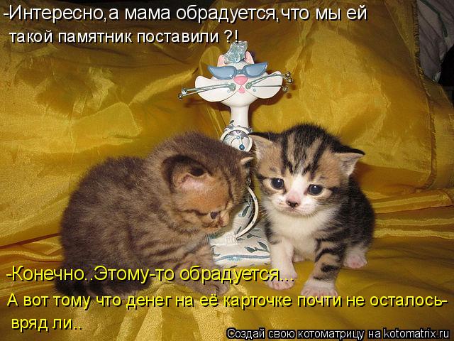 такой памятник поставили ?! -Интересно,а мама обрадуется,что мы ей -Конечно..Этому-то обрадуется... А... Котоматрица: такой памятник поставили ?! -Интересно,а мама обрадуется,что мы ей -Конечно..Этому-то обрадуется... А вот тому что денег на её карточке почти н