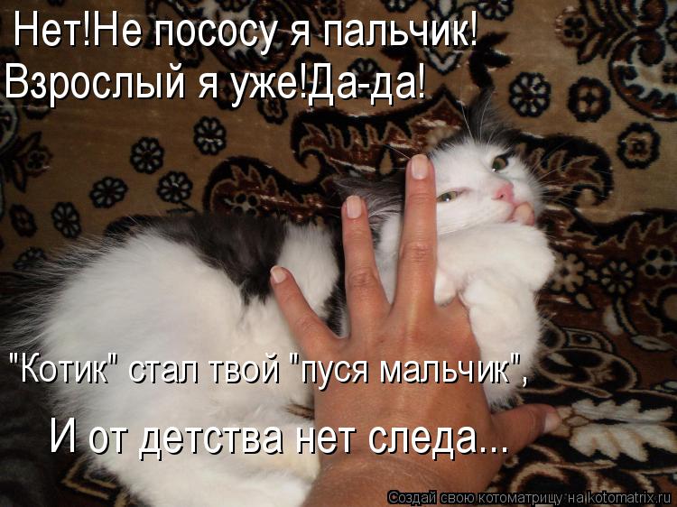 Котоматрица: Нет!Не пососу я пальчик! Взрослый я уже!Да-да! "Котик" стал твой "пуся мальчик", И от детства нет следа...