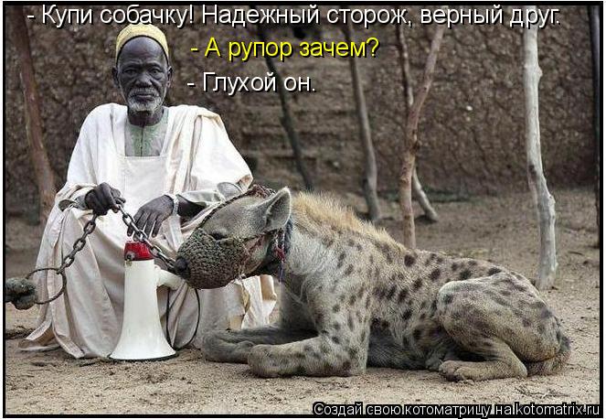 - Купи собачку! Надежный сторож, верный друг. - А рупор зачем? - Глухой он.... Котоматрица: - Купи собачку! Надежный сторож, верный друг. - А рупор зачем? - Глухой он.