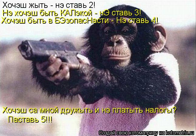 Хочэш жыть - нэ ставь 2! Нэ хочэш быть КАЛэкой - нЭ ставь 3! Хочэш быть в БЭзопасНасти - Нэ ставь 4! ... Котоматрица: Хочэш жыть - нэ ставь 2! Нэ хочэш быть КАЛэкой - нЭ ставь 3! Хочэш быть в БЭзопасНасти - Нэ ставь 4! Хочэш са мной дружыть и нэ платыть налогы? Пас