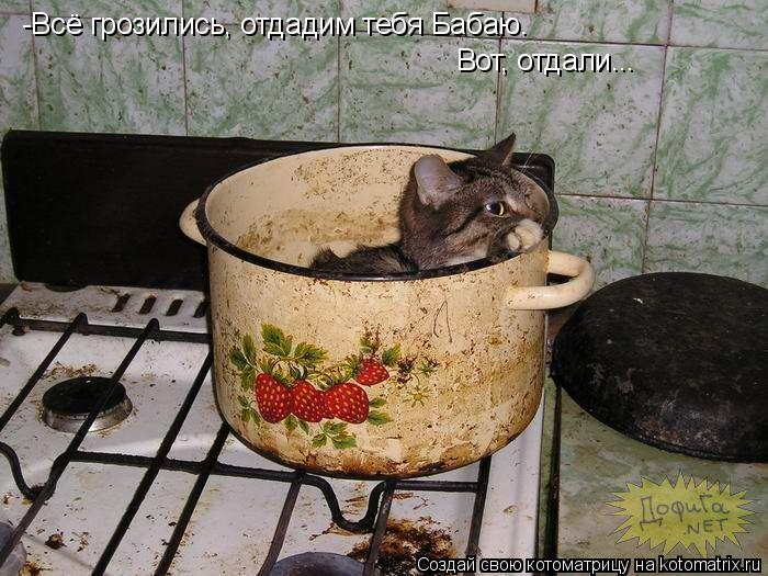 -Всё грозились, отдадим тебя Бабаю. Вот, отдали...... Котоматрица: -Всё грозились, отдадим тебя Бабаю. Вот, отдали...