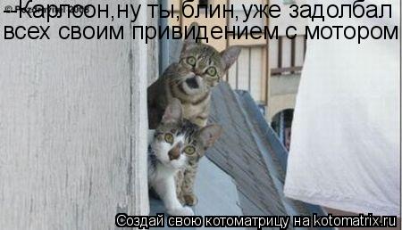 --Карлсон,ну ты,блин,уже задолбал всех своим привидением с мотором!... Котоматрица: --Карлсон,ну ты,блин,уже задолбал всех своим привидением с мотором!