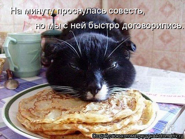 Котоматрица: На минуту проснулась совесть,  но мы с ней быстро договорились.