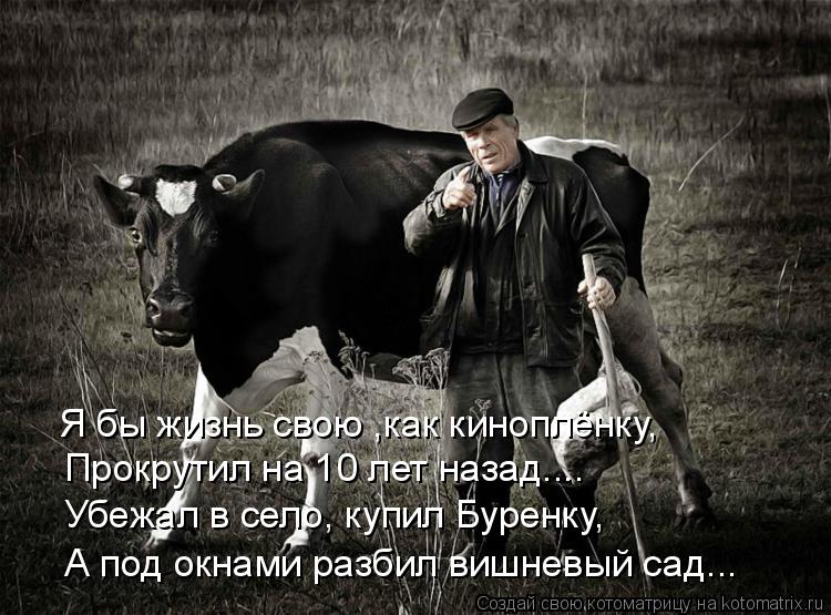 Я бы жизнь свою ,как киноплёнку, Прокрутил на 10 лет назад.... Убежал в село, купил Буренку, А под о... Котоматрица: Я бы жизнь свою ,как киноплёнку, Прокрутил на 10 лет назад.... Убежал в село, купил Буренку, А под окнами разбил вишневый сад...