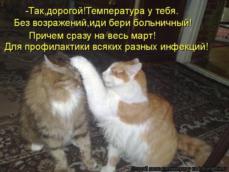 -Так,дорогой!Температура у тебя. Без возражений,иди бери больничный! Причем сразу на весь март! Для п... Котоматрица: -Так,дорогой!Температура у тебя. Без возражений,иди бери больничный! Причем сразу на весь март! Для профилактики всяких разных инфекций!