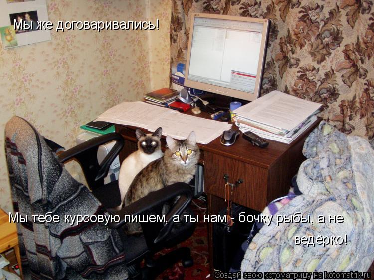 Мы же договаривались! Мы тебе курсовую пишем, а ты нам - бочку рыбы, а не ведёрко!... Котоматрица: Мы же договаривались! Мы тебе курсовую пишем, а ты нам - бочку рыбы, а не ведёрко!