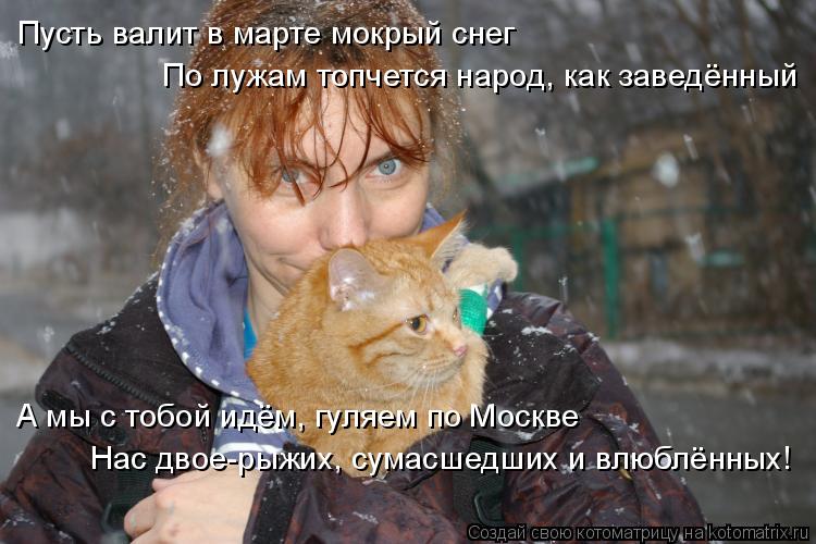 Котоматрица: Пусть валит в марте мокрый снег По лужам топчется народ, как заведённый А мы с тобой идём, гуляем по Москве Нас двое-рыжих, сумасшедших и влю