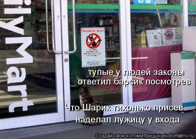 тупые у людей законы ответил барсик посмотрев Что Шарик тихонько присев наделал лужицу у входа Кашаки... Котоматрица: тупые у людей законы ответил барсик посмотрев Что Шарик тихонько присев наделал лужицу у входа Кашаки вон!