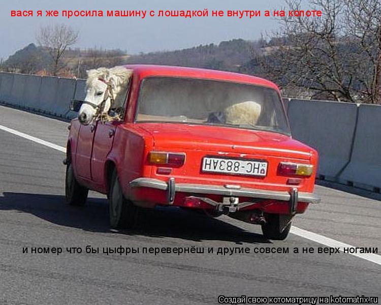вася я же просила машину с лошадкой не внутри а на копоте и номер что бы цыфры перевернёш и другие со... Котоматрица: вася я же просила машину с лошадкой не внутри а на копоте и номер что бы цыфры перевернёш и другие совсем а не верх ногами