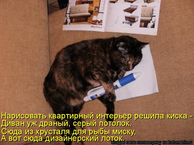 А вот сюда дизайнерский лоток. Диван уж драный, серый потолок. Нарисовать квартирный интерьер решила ... Котоматрица: А вот сюда дизайнерский лоток. Диван уж драный, серый потолок. Нарисовать квартирный интерьер решила киска - Сюда из хрусталя для рыбы миску