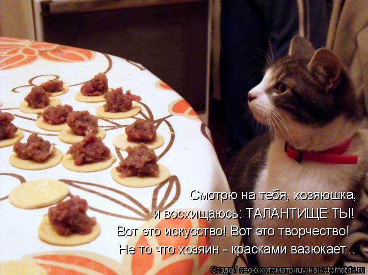 Смотрю на тебя, хозяюшка, и восхищаюсь: ТАЛАНТИЩЕ ТЫ! Вот это искусство! Вот это творчество! Не то чт... Котоматрица: Смотрю на тебя, хозяюшка, и восхищаюсь: ТАЛАНТИЩЕ ТЫ! Вот это искусство! Вот это творчество! Не то что хозяин - красками вазюкает...