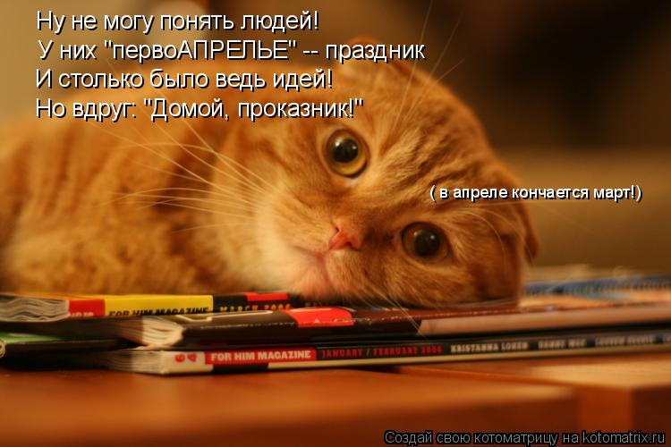 Но вдруг: "Домой, проказник!" И столько было ведь идей! Ну не могу понять людей! У них "первоАПРЕЛЬЕ"... Котоматрица: Но вдруг: "Домой, проказник!" И столько было ведь идей! Ну не могу понять людей! У них "первоАПРЕЛЬЕ" -- праздник ( в апреле кончается март!)