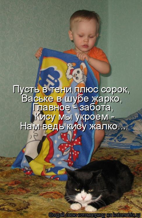 Пусть в тени плюс сорок, Ваське в шубе жарко, Главное - забота, Кису мы укроем - Нам ведь кису жалко... Котоматрица: Пусть в тени плюс сорок, Ваське в шубе жарко, Главное - забота, Кису мы укроем - Нам ведь кису жалко...