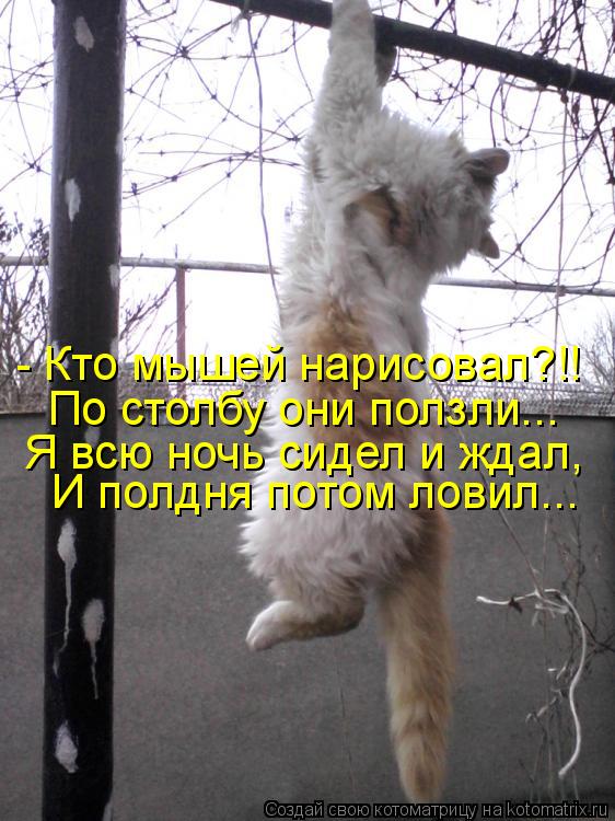 - Кто мышей нарисовал?!! По столбу они ползли... Я всю ночь сидел и ждал, И полдня потом ловил...... Котоматрица: - Кто мышей нарисовал?!! По столбу они ползли... Я всю ночь сидел и ждал, И полдня потом ловил...