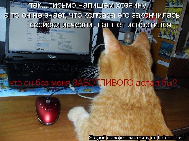 так...письмо напишем хозяину а то он не знает, что колбаса его закончилась сосиски исчезли, паштет ис... Котоматрица: так...письмо напишем хозяину а то он не знает, что колбаса его закончилась сосиски исчезли, паштет испортился что он без меня ЗАБОТЛИВОГО де