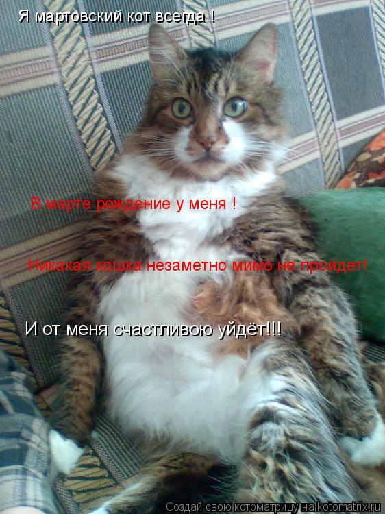 Я мартовский кот всегда ! В марте рождение у меня ! Никакая кошка незаметно мимо не пройдет! И от мен... Котоматрица: Я мартовский кот всегда ! В марте рождение у меня ! Никакая кошка незаметно мимо не пройдет! И от меня счастливою уйдёт!!!