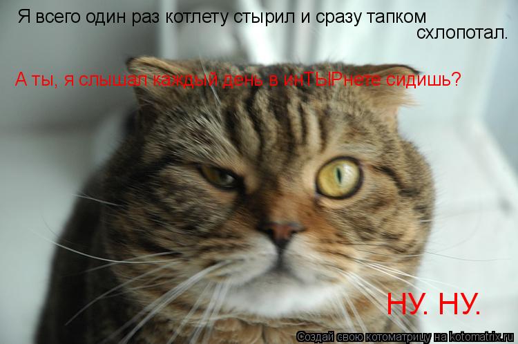 Я всего один раз котлету стырил и сразу тапком схлопотал. А ты, я слышал каждый день в инТЫРнете сид... Котоматрица: Я всего один раз котлету стырил и сразу тапком схлопотал. А ты, я слышал каждый день в инТЫРнете сидишь? НУ. НУ.