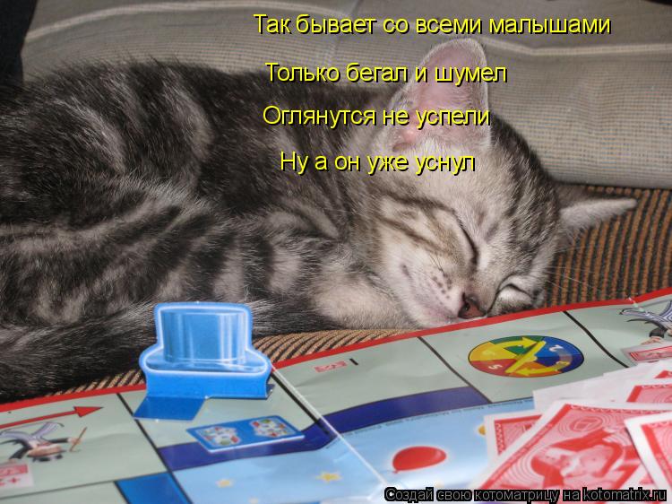 Так бывает со всеми малышами Только бегал и шумел Оглянутся не успели Ну а он уже уснул... Котоматрица: Так бывает со всеми малышами Только бегал и шумел Оглянутся не успели Ну а он уже уснул