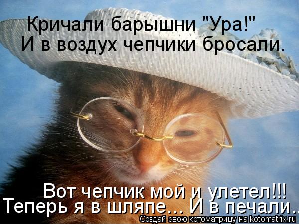 Котоматрица: Кричали барышни "Ура!" И в воздух чепчики бросали.  Вот чепчик мой и улетел!!! Теперь я в шляпе... И в печали...