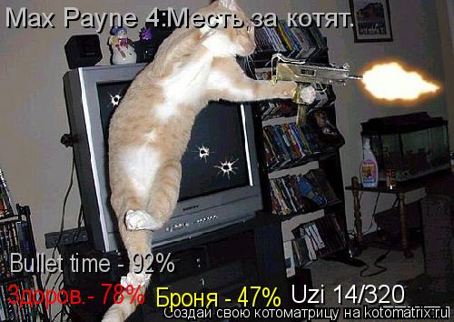 Здоров.- 78% Броня - 47% Bullet time - 92% Uzi 14/320 Max Payne 4:Месть за котят.... Котоматрица: Здоров.- 78% Броня - 47% Bullet time - 92% Uzi 14/320 Max Payne 4:Месть за котят.