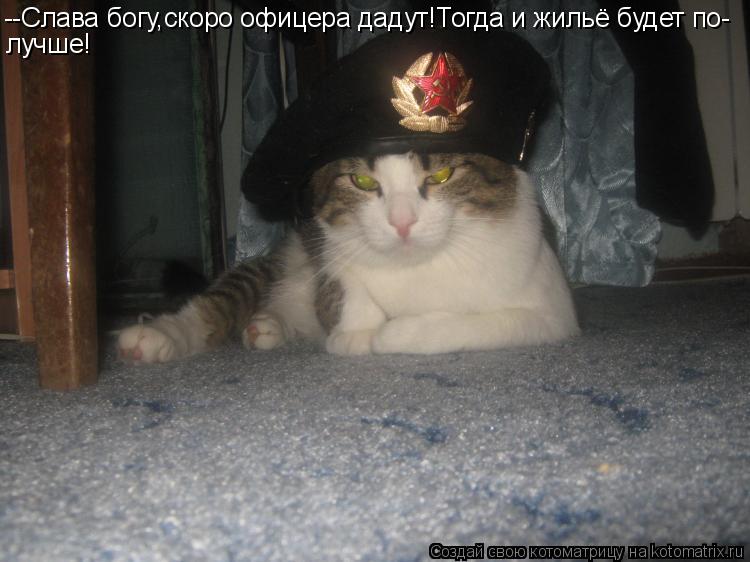 --Слава богу,скоро офицера дадут!Тогда и жильё будет по- лучше!... Котоматрица: --Слава богу,скоро офицера дадут!Тогда и жильё будет по- лучше!