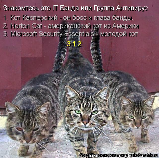 Знакомтесь,это IT Банда или Группа Антивирус 1. Кот Касперский - он босс и глава банды. 2. Norton Ca... Котоматрица: Знакомтесь,это IT Банда или Группа Антивирус 1. Кот Касперский - он босс и глава банды. 2. Norton Cat - американский кот из Америки 3. Microsoft Secu