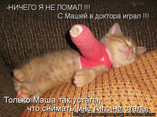 С Машей в доктора играл !!! -НИЧЕГО Я НЕ ЛОМАЛ !!! Только Маша так устала, что снимать мне гипс не ст... Котоматрица: С Машей в доктора играл !!! -НИЧЕГО Я НЕ ЛОМАЛ !!! Только Маша так устала, что снимать мне гипс не стала..