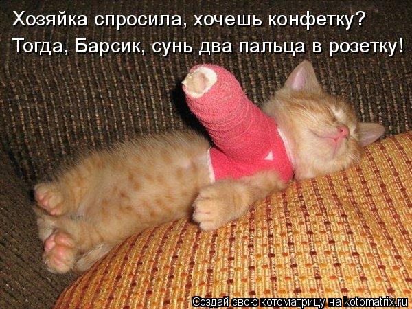 Хозяйка спросила, хочешь конфетку? Тогда, Барсик, сунь два пальца в розетку!... Котоматрица: Хозяйка спросила, хочешь конфетку? Тогда, Барсик, сунь два пальца в розетку!