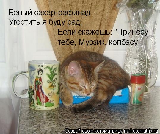 Белый сахар-рафинад Угостить я буду рад, Если скажешь: "Принесу тебе, Мурзик, колбасу!... Котоматрица: Белый сахар-рафинад Угостить я буду рад, Если скажешь: "Принесу тебе, Мурзик, колбасу!