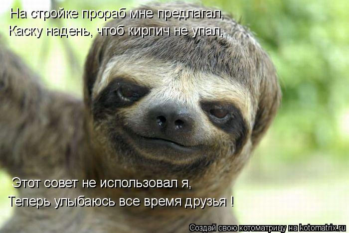 На стройке прораб мне предлагал, Каску надень, чтоб кирпич не упал, Этот совет не использовал я, Тепе... Котоматрица: На стройке прораб мне предлагал, Каску надень, чтоб кирпич не упал, Этот совет не использовал я, Теперь улыбаюсь все время друзья !