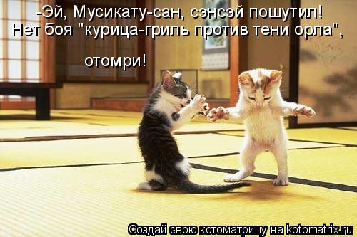 -Эй, Мусикату-сан, сэнсэй пошутил! Нет боя "курица-гриль против тени орла", отомри!... Котоматрица: -Эй, Мусикату-сан, сэнсэй пошутил! Нет боя "курица-гриль против тени орла", отомри!