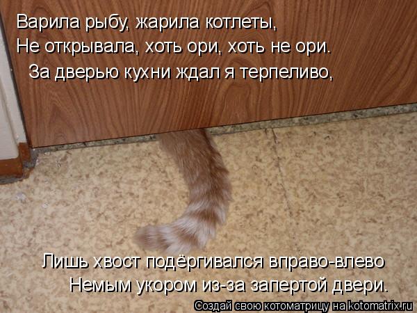 Варила рыбу, жарила котлеты, Не открывала, хоть ори, хоть не ори. Немым укором из-за запертой двери. ... Котоматрица: Варила рыбу, жарила котлеты, Не открывала, хоть ори, хоть не ори. Немым укором из-за запертой двери. Лишь хвост подёргивался вправо-влево За д