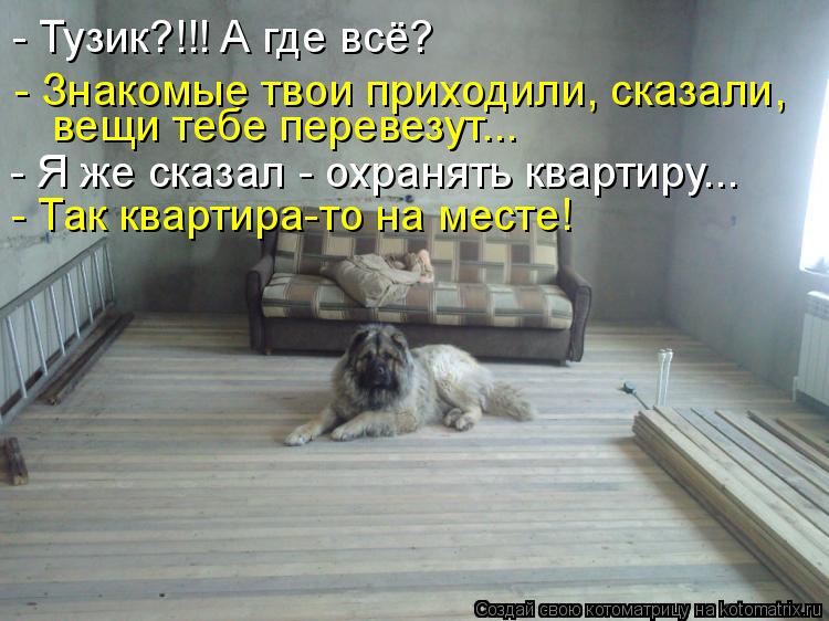 - Знакомые твои приходили, сказали, вещи тебе перевезут... - Тузик?!!! А где всё? - Я же сказал - ох... Котоматрица: - Знакомые твои приходили, сказали, вещи тебе перевезут... - Тузик?!!! А где всё? - Я же сказал - охранять квартиру... - Так квартира-то на месте!