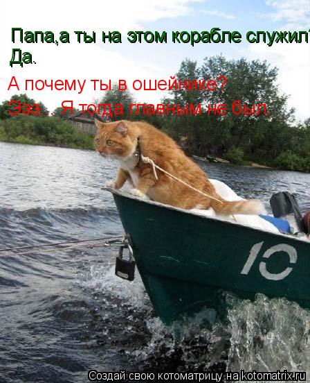 Котоматрица: Папа,а ты на этом корабле служил? Папа,а ты на этом корабле служил? Да. А почему ты в ошейнике? Эээ... Я тогда главным не был.