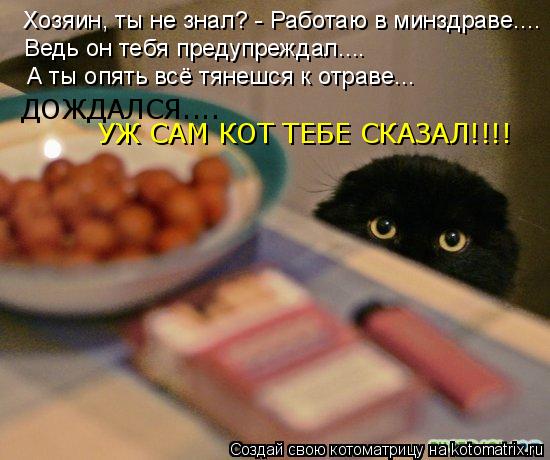 Котоматрица: Хозяин, ты не знал? - Работаю в минздраве.... Ведь он тебя предупреждал.... А ты опять всё тянешся к отраве... ДОЖДАЛСЯ.... УЖ САМ КОТ ТЕБЕ СКАЗАЛ!!!!